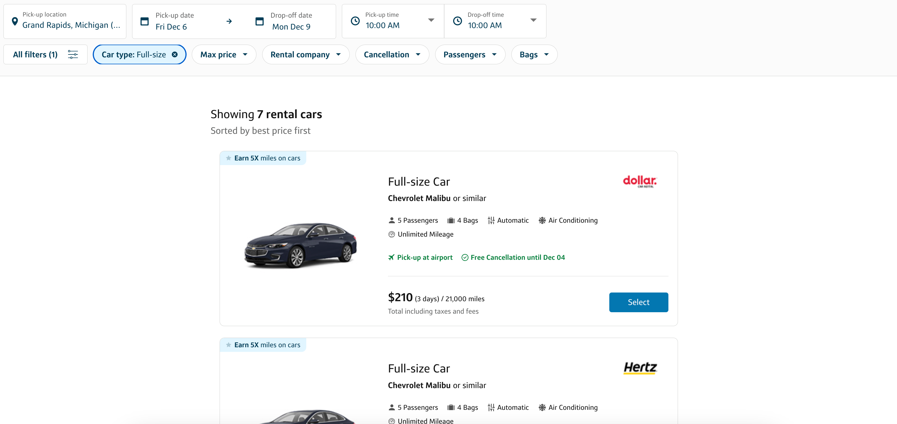 Capital One travel portal full-size car search